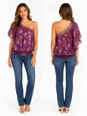 BEBE One-Shoulder Purple Top Gold Floral Foil Size: Large
